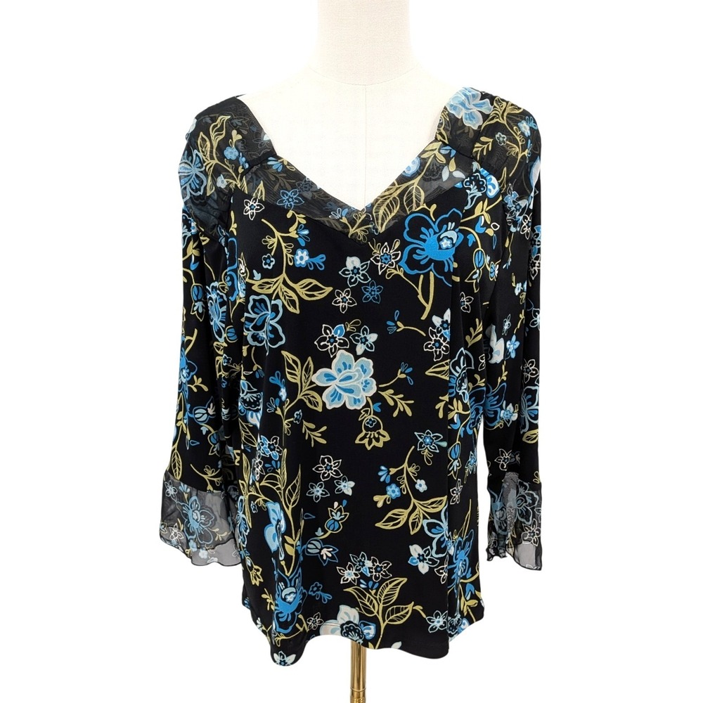 Floral Chiffon V‎ Neck Blouse Flowy Sheer Sleeves Lightweight Top XL